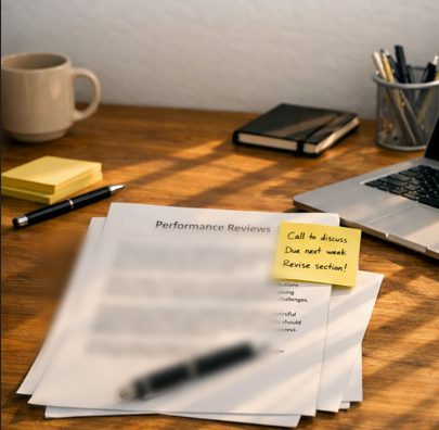 Performance review documents on a desk