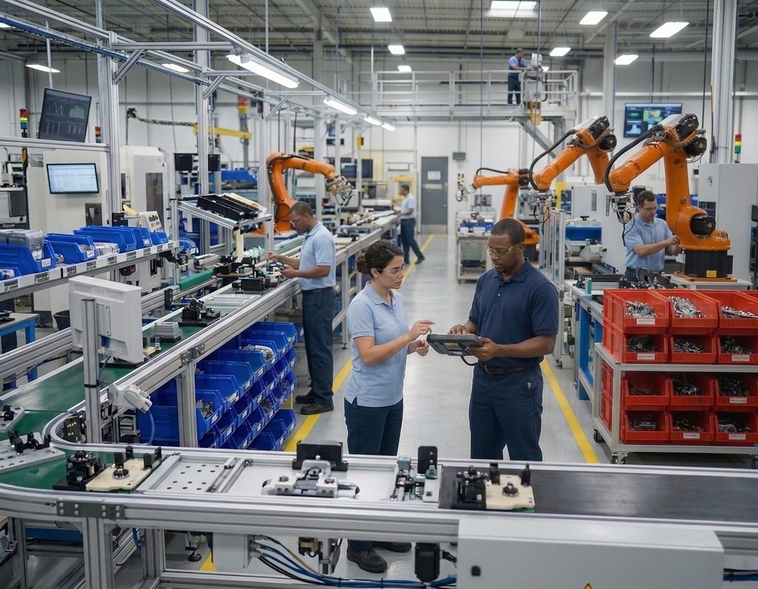 Team members reviewing production data on a manufacturing floor